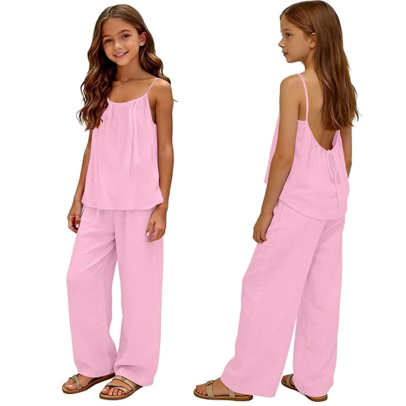 ZHAGHMIN Teen Girls Two Piece Linen Set Sleeveless Cotton Linen Camisole Top Baggy Wide Leg Flowy Palazzo Pants Summer Outfits for Kids Tween Sizes 4-14