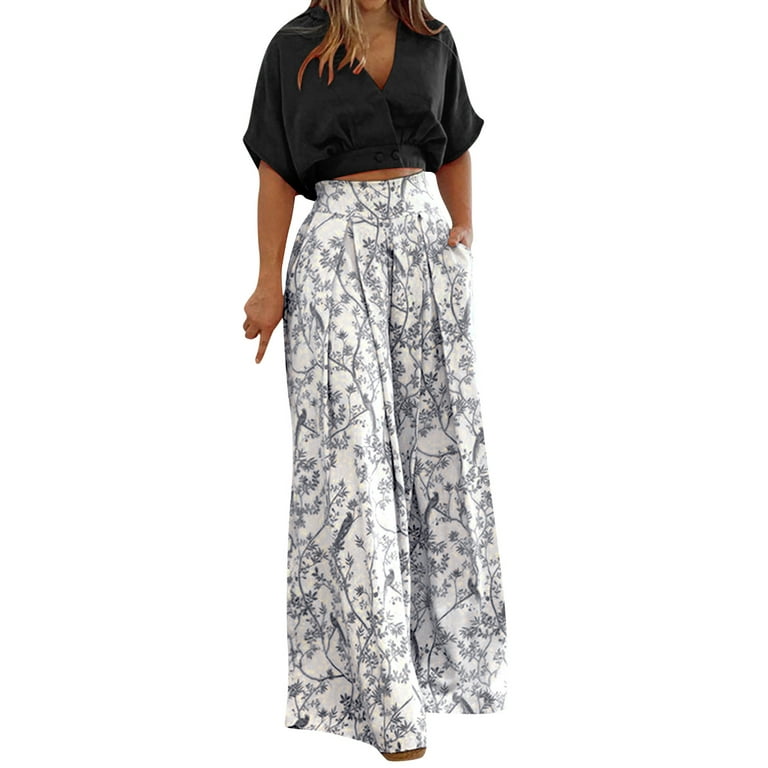 ZHAGHMIN Two Piece Outfits For Women Classy Women Pleated 2 Piece Pants  Outfits Casual Loose Button Shirt Blouse Top Long Wide Leg Palazzo Pants  Set