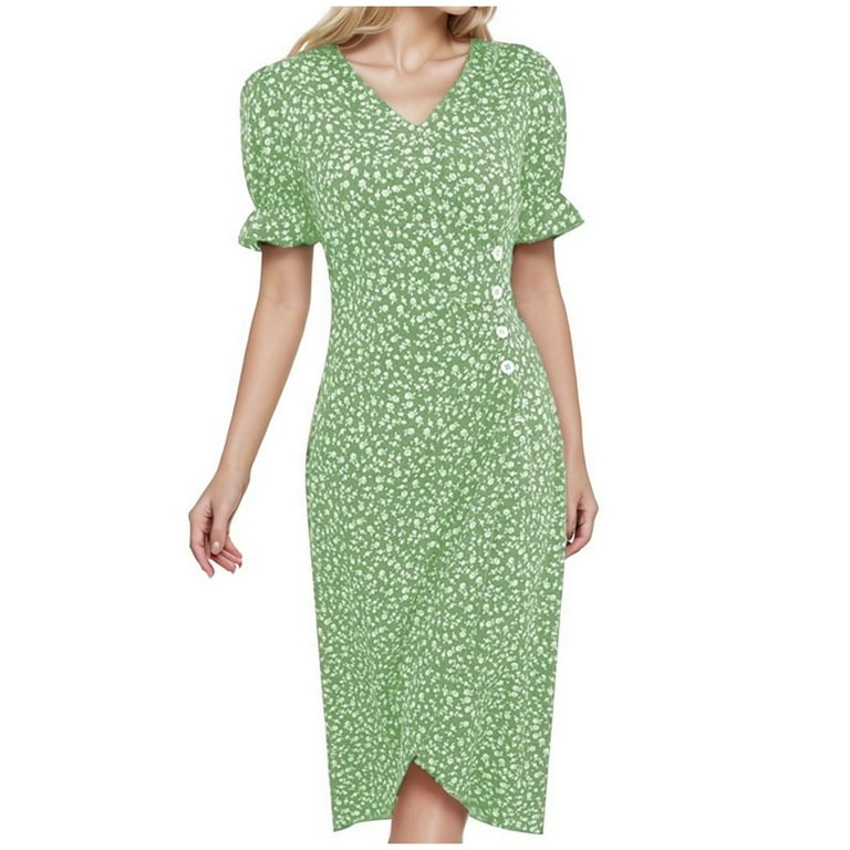 Green Puff Sleeve Midi Hem Dress Green Puff Sleeve Midi Hem Dress