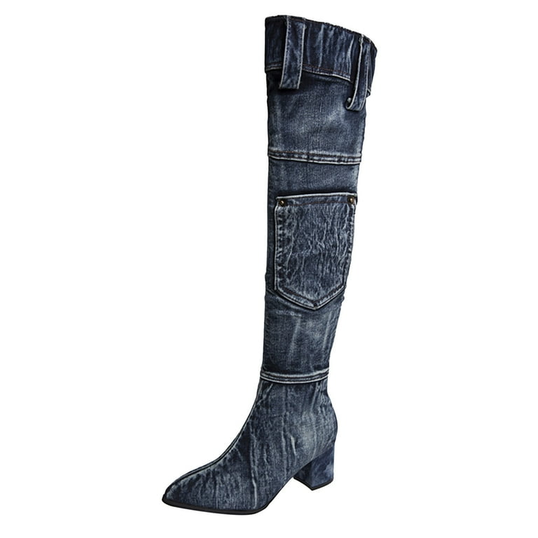 Zhaghmin Wide Boots for Women Ladies Vintage Solid Denim High Heel Fashion Stretch Over Knee Boots Womens Wide Calf Over The Knee Boots High Heels