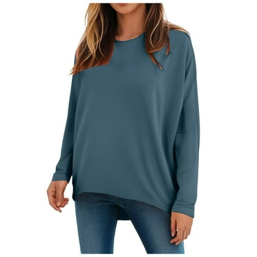 ZHAGHMIN Women Crew Neck Batwing Long Sleeve Sweatshirts Fall Oversized Ribbed Knit Pullover Sweaters Baggy Tunic Tops Womens Fall Tops Dressy Casual Blue SizeL