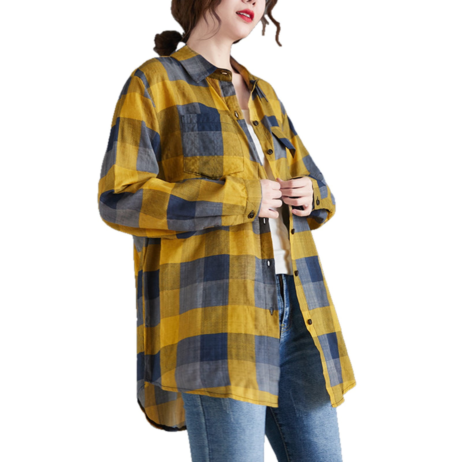 ZHAGHMIN Women'S Classic Plaid Shirt Loose Fit Button Down Shirts Long ...