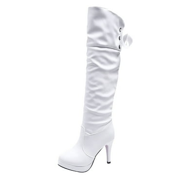 ZHAGHMIN Women'S Thigh High Over the Knee Boots 2023 Fall Leather Pleated Platform Thin High Heels Black Boots with Lace Up Wide Calf White Size39