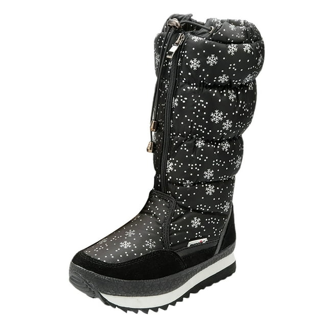 Zhaghmin Womens Water Proof Winter Snow Boots With Zipper Pull On Snowflake Printed Thicken 2086