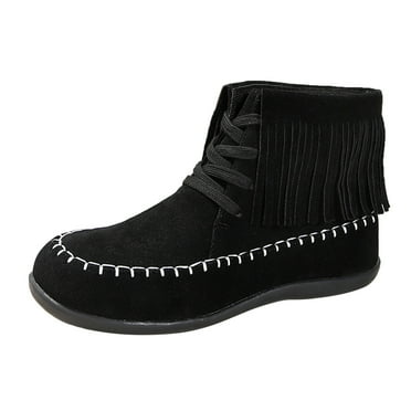 ZHAGHMIN Women'S Winter Walking Boot Fashion Retro Solid Suede Lace-Up Flat Bottom Short Boots Tassel Round Toe Soft Sole Ankle Booties Black Size7.5