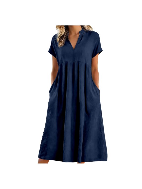Women Short Linen Midi Dress Versatile Loose V Neck Summer A Line Lightweight Casual Dresses With Pockets Blue L2