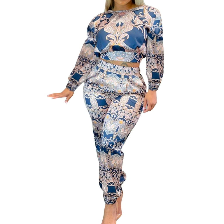 ZHAGHMIN Women Two Piece Outfits Sets Fashion 2 Piece Sets Printed Plus  Size Ropa De Mujer Longsleeve Round Neck Ladies' Blouses High Waist Pants
