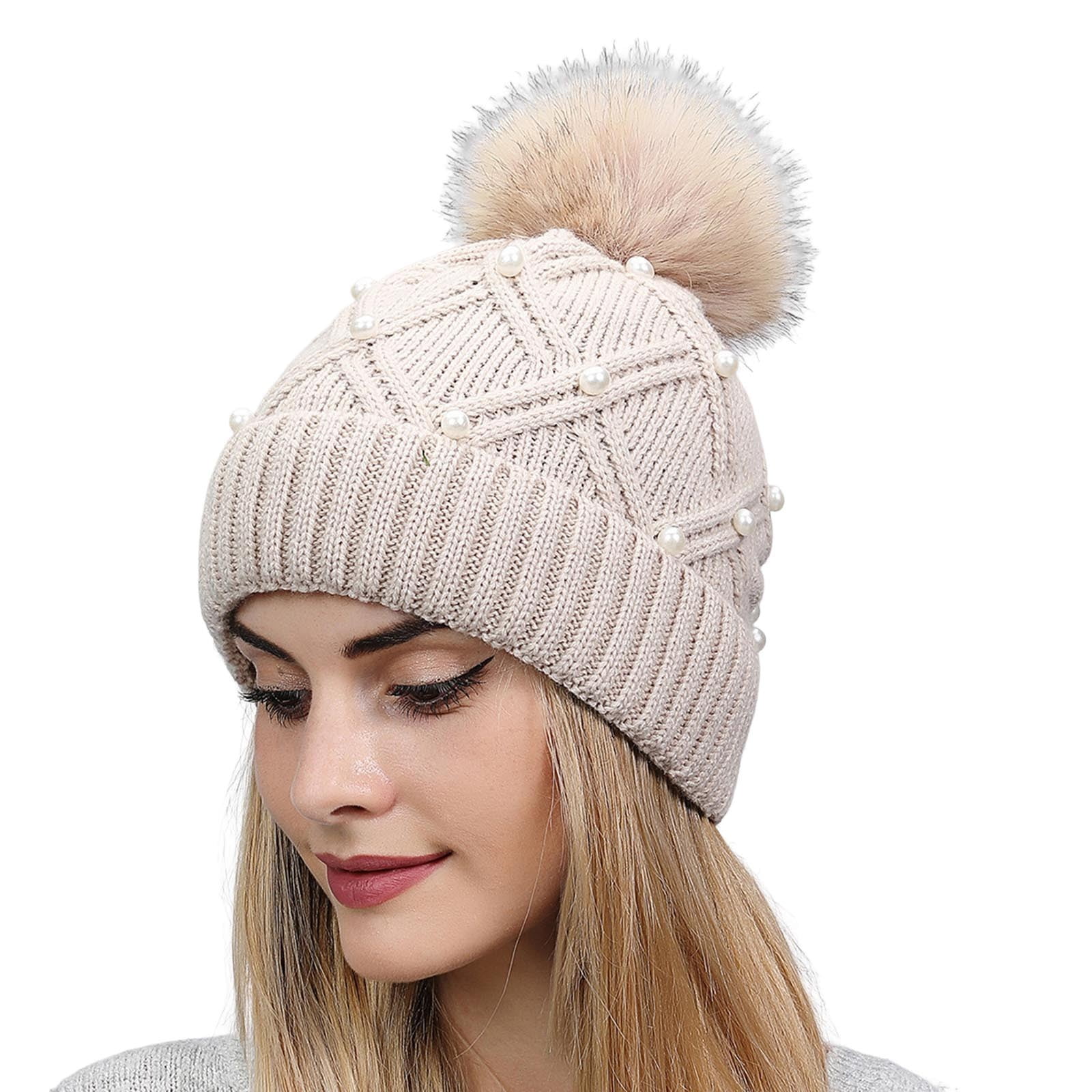 ZHAGHMIN Women Winter Hat Warmer Casual Women'S Knit Pom Beanie Solid Ribbed Pearl Cable Knitted