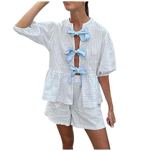 ZHAGHMIN Womens Cotton Pajamas Set Ladies Fashion Casual Striped Short