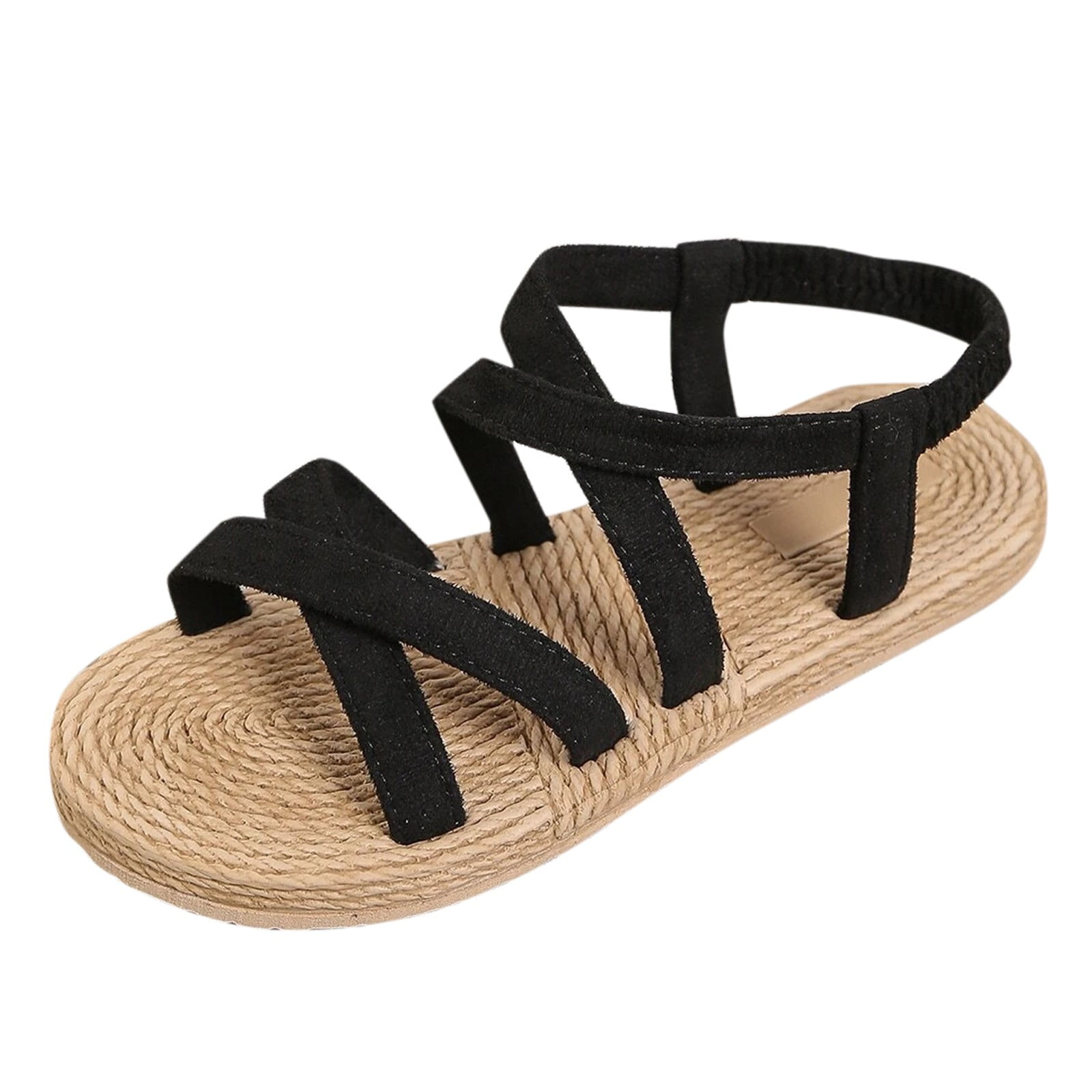 ZHAGHMIN Womens Flat Sandals Solid Color Elastic Band Casual Weave Bottom Beach Sandals Bohemian Pu Leather Strap Sandalias Mujer Black Size7.5