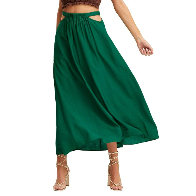 ZHAGHMIN Womens Skirts Short Summer High Waist Flowy Skirts for Women Solid Color Cotton Elastic Waist Cut Out Large Swing Pleated Skirt Green SizeM