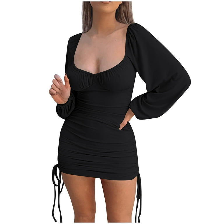 Black Drawstring Side Ruched Bodycon Dress Black Drawstring Side Ruched Bodycon Dress