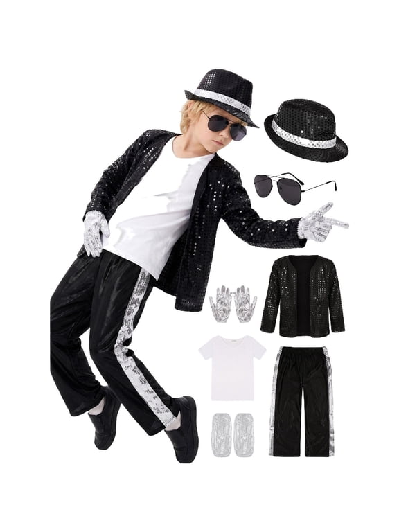 7PCS Boys Kids Sequin Pants Performance Outfit Hat Gloves Socks 80s 90s, 4-12 Years