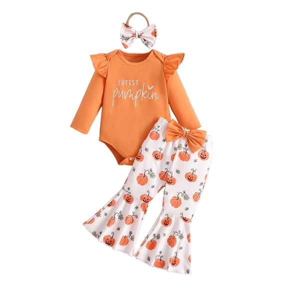 ZHANGDER Baby Girl 3-Piece Pumpkin Print Pants Set with Romper & Bow Headband Fall Festive Baby Clothes for Girls, Orange 6-12 Months