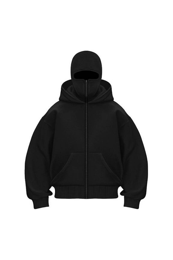 Balaclava Hoodie Zipper with Warm Face, Hooded Zip Jacket, Resistant Winter Hoodies, Black M