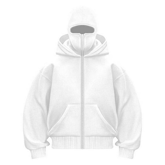 ZHANGDER Balaclava Zip Hoodie Men Women Plain Hoodie Warm with Balaclava Casual Hoodie with Zip and Pocket Loose Sweat Jacket Y2K Tops, White L