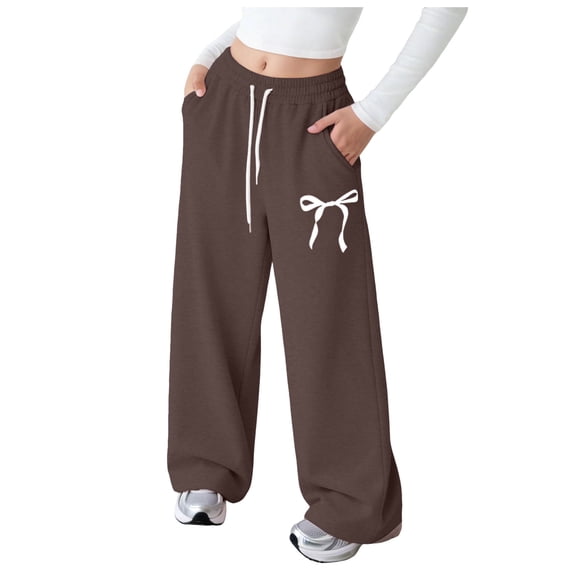 ZHANGDER Girl's Bowknot Baggy Sweatpants Wide Leg Drawstring Waist with Pockets Lightweight Streetwear Trousers, Gray 11-12 Years