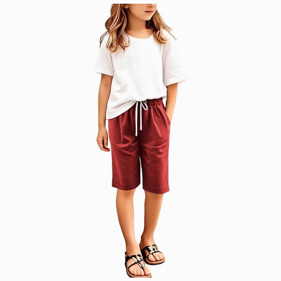 ZHANGDER Girls Bermuda Shorts Knee Length Preppy Clothes Drawstring Long Shorts Adjustable Waist Straight Leg Jorts, Red 7-8 Years