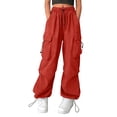 thumbnail image 1 of ZHANGDER Girls Cargo Pants Elastic Waist Drawstring Y2K Trousers with Pockets Wide Leg Jogger Pants, Red 6-7 Years, 1 of 7