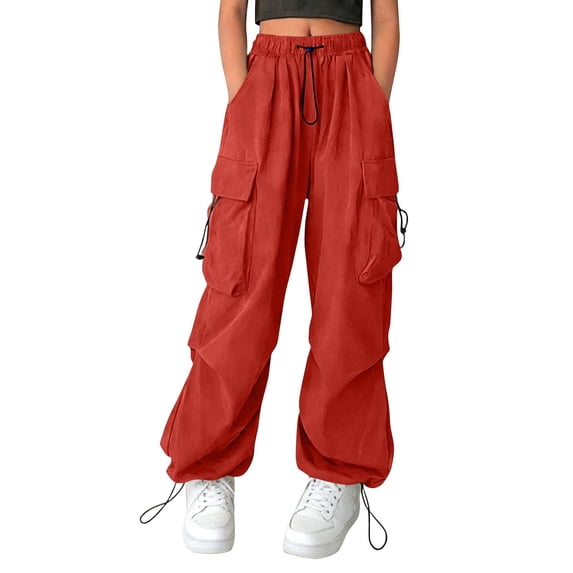 ZHANGDER Girls Cargo Pants High Waisted Baggy Streetwear Pants with Pockets Streetwear Loose Pants, Red 4-5 Years