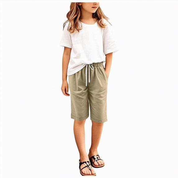 ZHANGDER Girls Elastic Waist Knee Length Casual Bermuda Shorts with Drawstring, Khaki 12-13 Years
