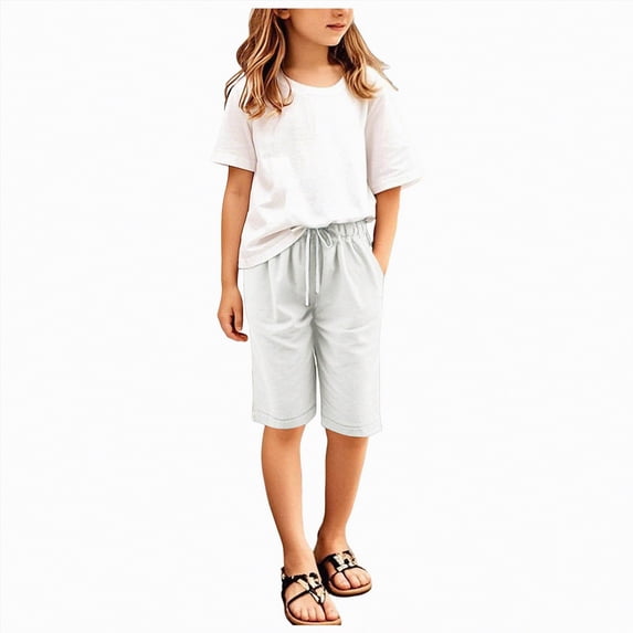 ZHANGDER Girls Elastic Waist Knee Length Casual Bermuda Shorts with Drawstring, White 3-4 Years