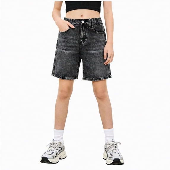 ZHANGDER Girls Jean Shorts Baggy Wide Leg Washed Denim Shorts Trendy Y2k Vintage Bermuda Jorts, Black 11-12 Years