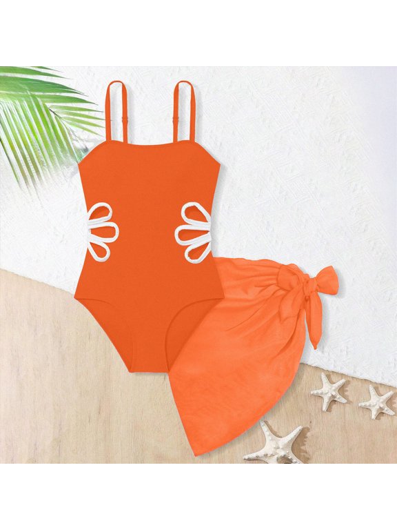 Girls Swimsuit One-Piece Bathing Suit with Mesh Cover Up Adjustable Straps Cut Out Swimwear, Orange 13-14 Years