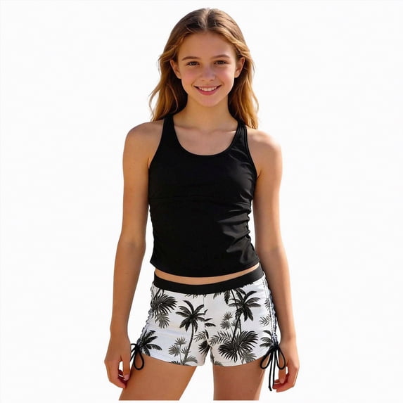 ZHANGDER Girls Swimsuits 2 Piece Bathing Suits for Girls Swim Tank Top and Drawstring Bottoms, Black 7-8Y