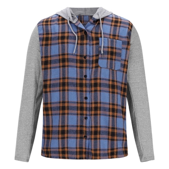 ZHANGDER Hoodies for Men Flannel Hooded Jacket Casual Button Down Plaid Shirt with Pocket, Z-Blue M