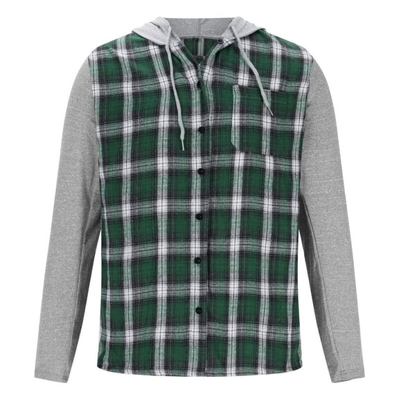 ZHANGDER Hoodies for Men Flannel Hoodie Shirts Casual Button Down Plaid Shirt with Pocket, Z-Green M