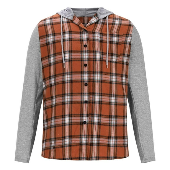 ZHANGDER Hoodies for Men Flannel Hoodie Shirts Casual Button Down Plaid Shirt with Pocket, Z-Orange M