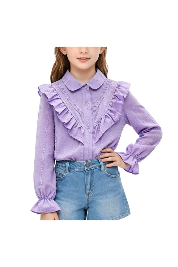 Kids French-Style Blouse Full Front Button Placket Ruffle Detail & Lace Trim, Purple 15 Years