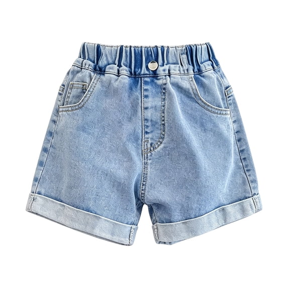 ZHANGDER Little Girls Jean Shorts Y2K Vintage Elastic Waist Straight Leg Denim Shorts Summer Casual Uniform Shorts for Teen Girl, Blue 2-3 Years