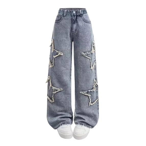 ZHANGDER Teen Girls Y2K Preppy Baggy Jeans Wide Leg Elastic Waist Denim Pants Pockets, Blue 11-12 Years