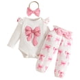 thumbnail image 1 of ZHANGDER Toddler Girl's 3-Piece Set Flutter Romper with Bow Motif & Patterned Pants Baby Clothes for Girls, Pink 6-9 Months, 1 of 9