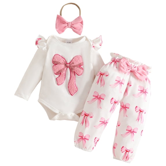 ZHANGDER Toddler Girl's 3-Piece Set Flutter Romper with Bow Motif & Patterned Pants Baby Clothes for Girls, Pink 6-9 Months