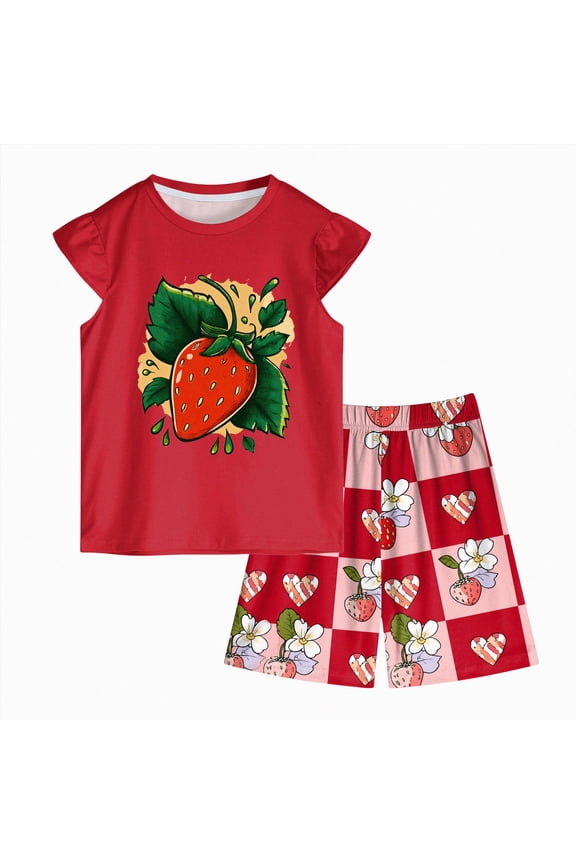 Toddler Girls Outfits Fruit Print Short Sleeves T-Shirt Tee Tops + Shorts Cute Outfits Set 2Pcs Clothes Set, Red 1-2 Years