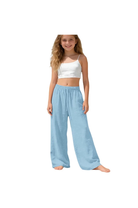 Wide Leg Linen Pants Girls Elastic Waist Lightweight Flowy Boho Beach Vacation Lounge Trousers, Sky Blue 12-13 Years