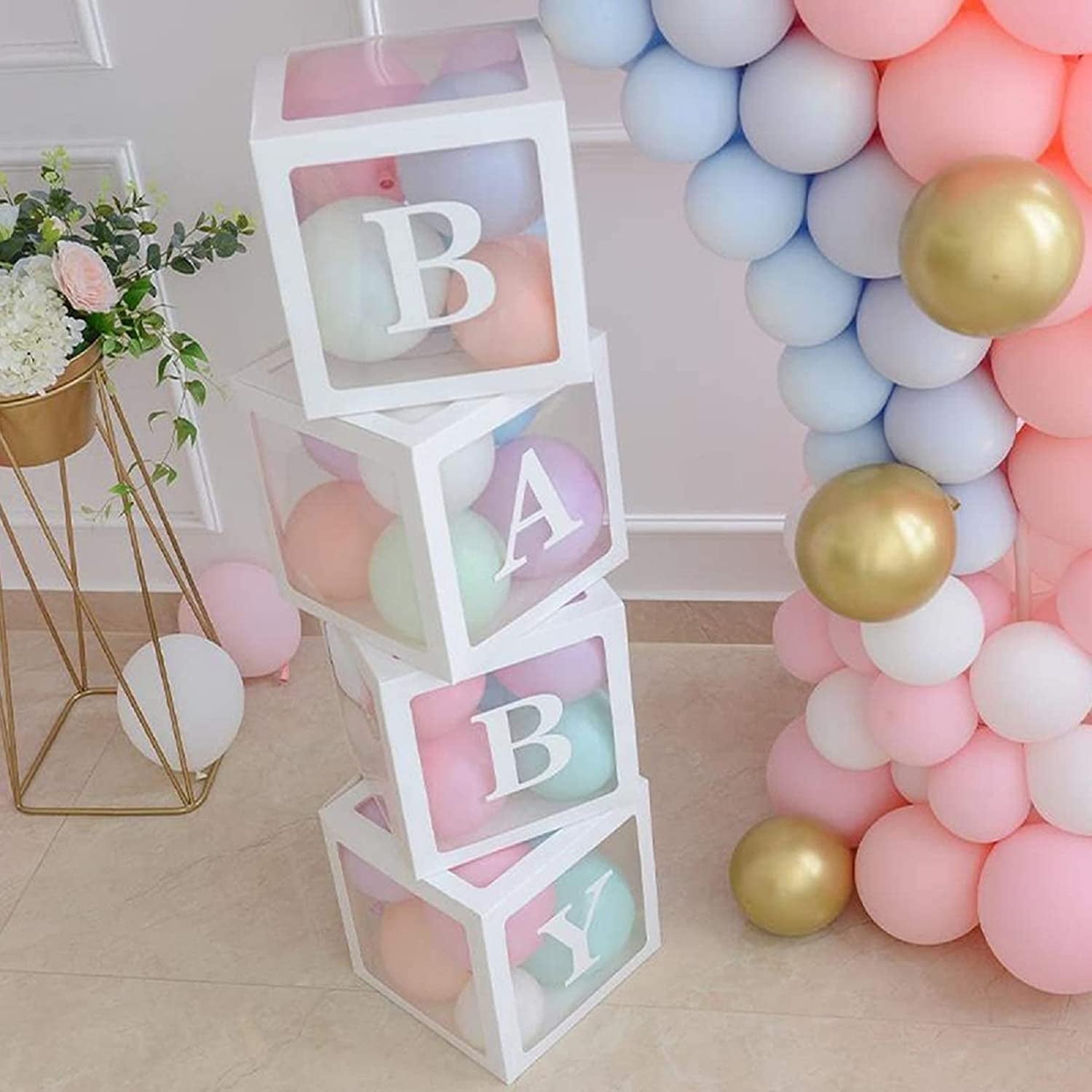 ZHANGHENG Baby Shower Boxes Party Decorations – 4 pcs Transparent Balloon Boxes Décor with Letters Baby Blocks Design for Baby Shower Gender Reveal Backdrop
