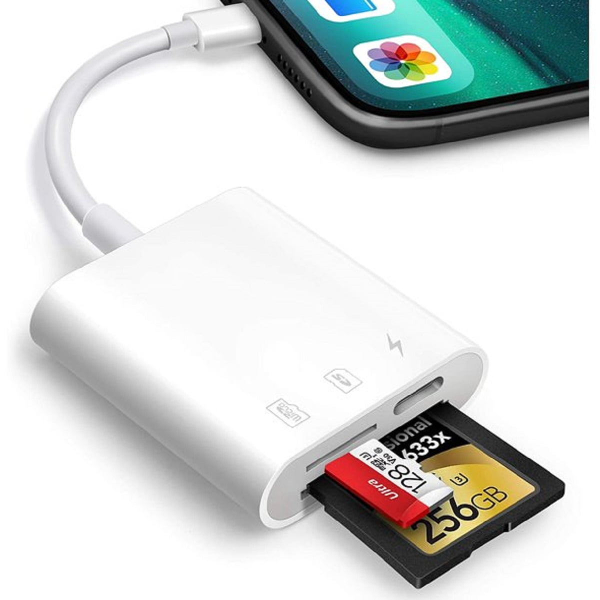 Plug-and-Play SD Card Reader for for i Phone/iPad with Simultaneous  Charging - Ideal for Trail Camera and Memory Card Viewing(Snow White-C1