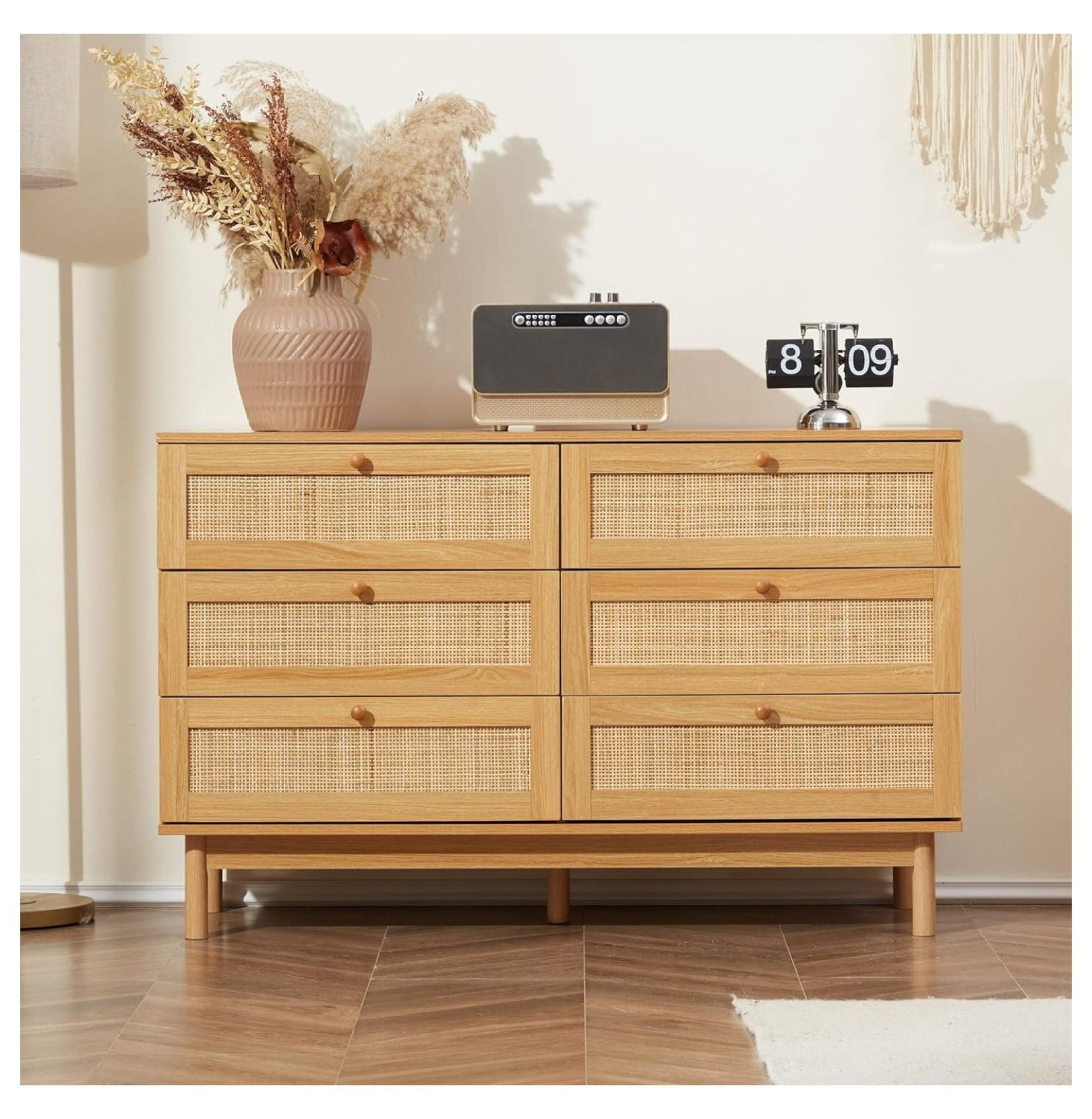 ZHANGHU 6 Drawer Rattan Dresser for Bedroom, Modern Wooden Chest of ...