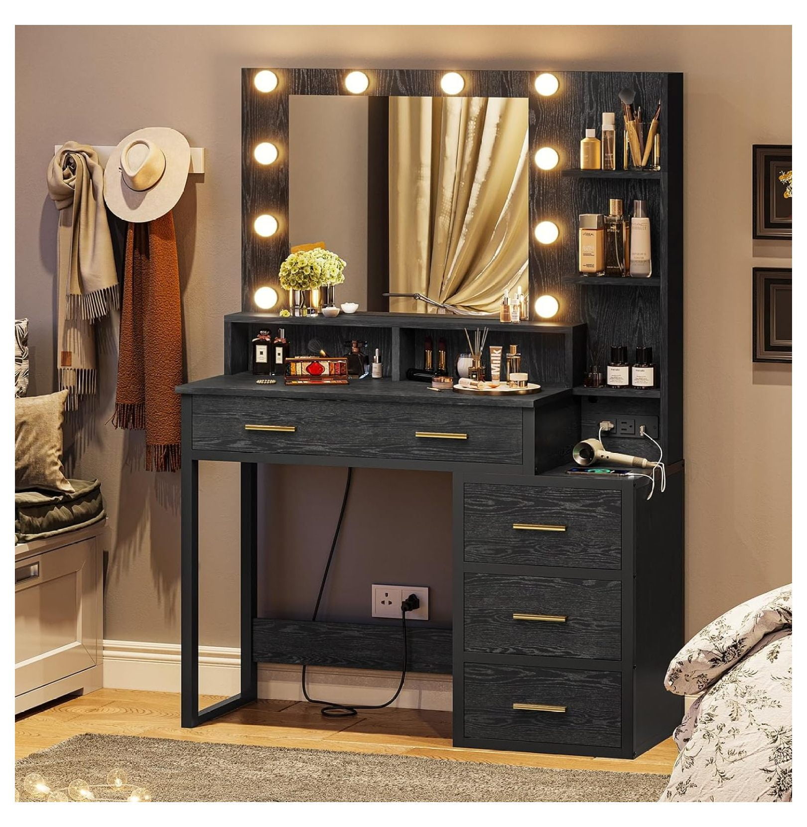 ZHANGHU Makeup Vanity with Lights and Charging Station, Black Vanity