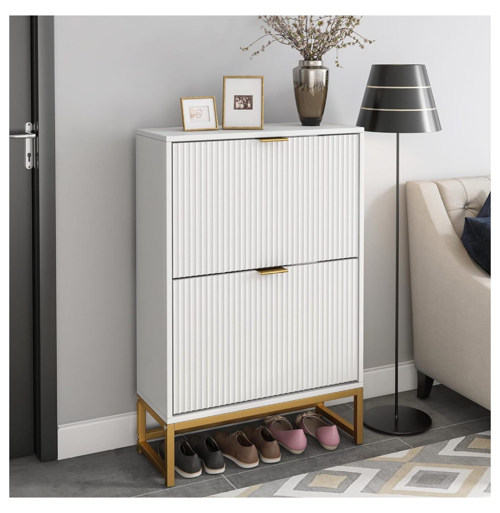 ZHANGHU Shoe Storage with 2 Drawers Modern Fluted Shoe Rack