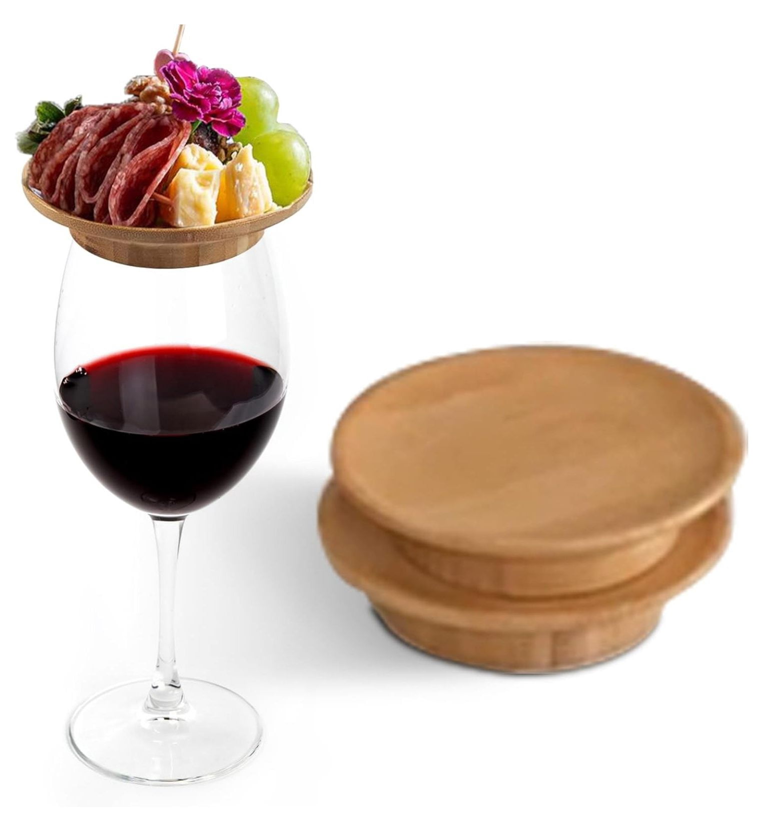 Wine Glass Accessory Mumufy 6-Pack Bamboo S  Round Mini Boards, Dual-Use  Plate & Cup Cover (5 Inch) Wine Glass Charcuterie Topper