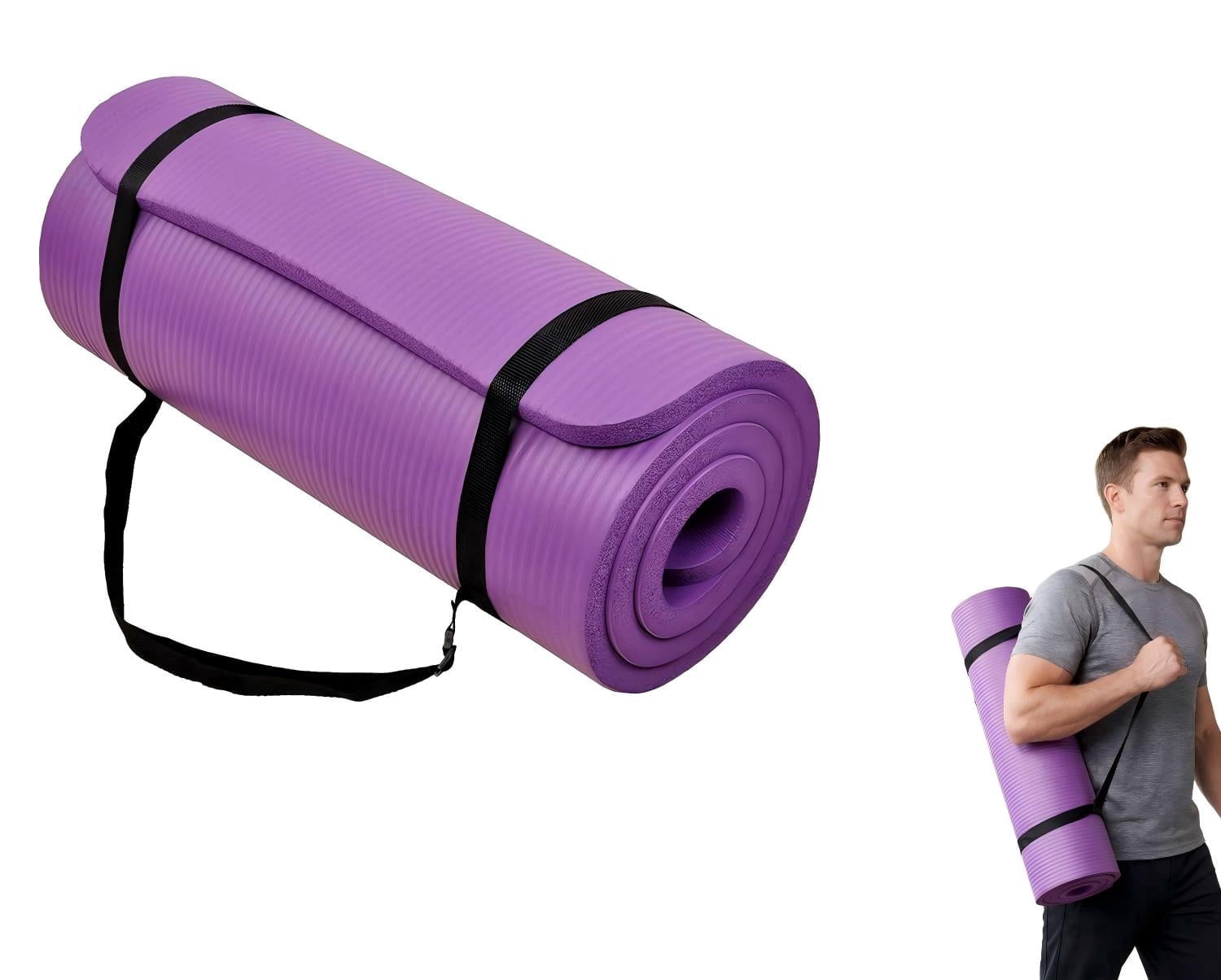 ZHANGJIA 71x24 Inches Extra Thick Yoga Mat 1-Inch High-Density Foam – Roll-Up Exercise Pad with Double-Sided Non-Slip Surface and Carrying Strap for Pilates and Home Workouts Purple