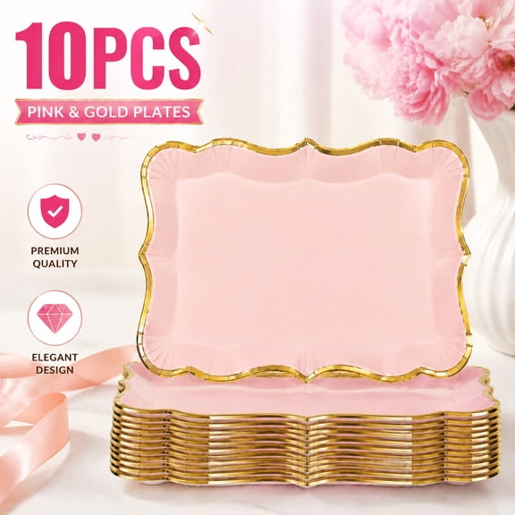 ZHANGLU 10 Pack Elegant Pink / Gold Rim Disposable Serving Trays, Paper Rectangular Party Platters, 12.99in x 8.86in