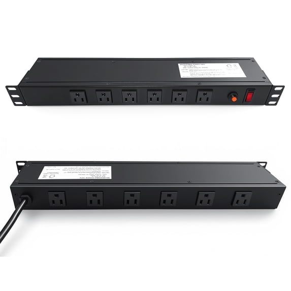 ZHANGONG 1U PDU, 12 Outlets Rack Mount Power Strip, 6 Front & 6 Rear Outlets, 15A Overload Protection, 10ft 45° Angled Flat Plug, for Server & AV Racks