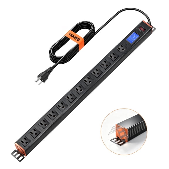 ZHANGONG 12-Outlet Metered PDU Power Strip with LED Display, 360 Rotatable Mount, 15A Overload Protection, 5FT 14AWG Cord for Home Office Workshop