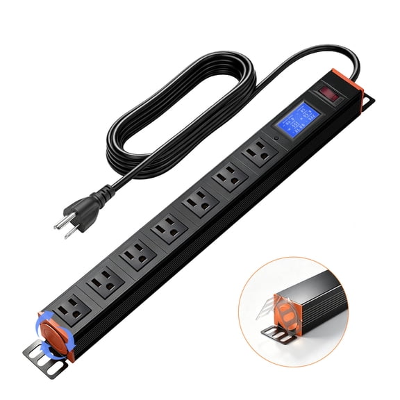 ZHANGONG 19" 1U Metered Rackmount PDU Power Strip, 7 Outlets, 15A Overload Protection, 360 Rotating Brackets, LED Display, 5ft Cord